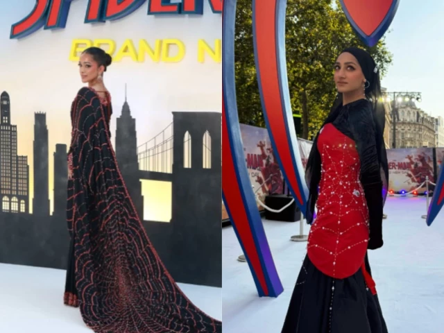 uk based pakistani creator atifa arshad in a custom spider web sari left and forbes 30 under 30 honouree zainab jiwa in a modest spider man inspired ensemble right photos atifaarshad zeewhatidid instagram