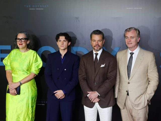 emma thomas tom holland matt damon and christopher nolan pose on the red carpet during the mumbai premiere of the odyssey in mumbai india july 11 2026 photo reuters