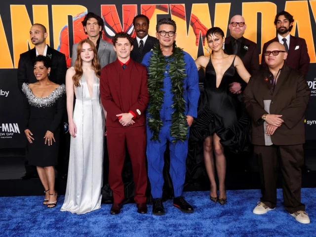 director destin daniel cretton poses with cast members sadie sink tom holland zendaya jacob batalon krondon michael mando liza colon zayas tramell tillman and jon bernthal as they attend the world premiere for the film spider man brand new day in los angeles california u s july 27 2026 photo reuters