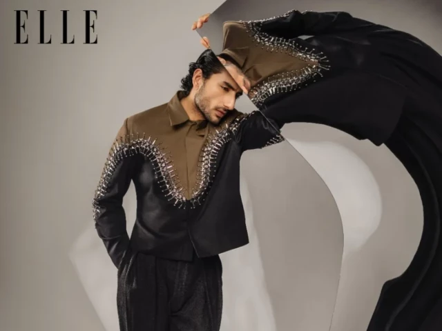 ibrahim ali khan the f rening jacket and arantza trouser both by rosani jonas black boots by lusso lifestyle photo elle magazine